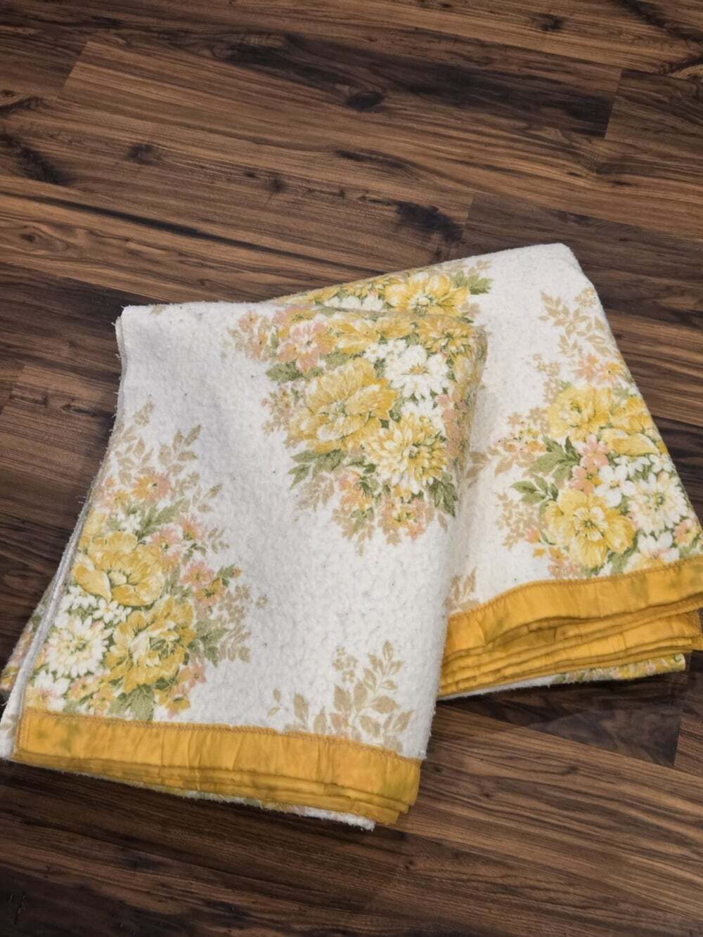 2 Vtg Floral Thermal Blankets Yellow Satin Trim 89x70 Twin Handmade 70s Groovy